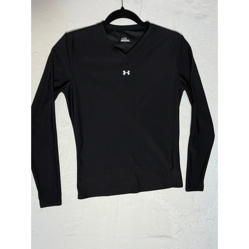 Under Armour Women XL Black V-Neck Long Sleeve Compression HeatGear Athletic Top